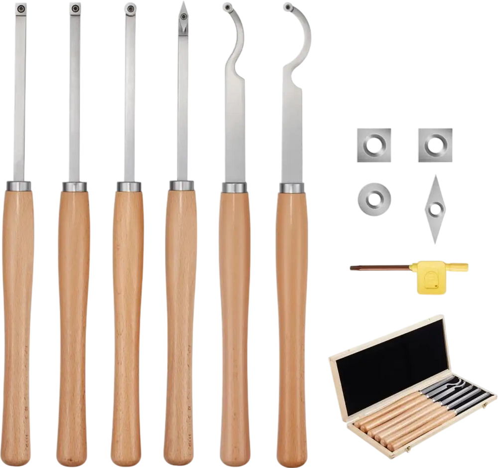 VEVOR Wood Lathe Turning Tool Set, 6PCS, Lathe Roughing, Finishing, Detailing Hollow Tool with Wooden Handle, Diamond Round Square Carbide Inserts, Wooden Box, for Beginners, Hobbyists, Professionals