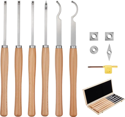 VEVOR Wood Lathe Turning Tool Set, 6PCS, Lathe Roughing, Finishing, Detailing Hollow Tool with Wooden Handle, Diamond Round Square Carbide Inserts, Wooden Box, for Beginners, Hobbyists, Professionals