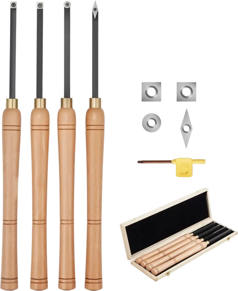 VEVOR Wood Lathe Turning Tool Set, 4PCS, Lathe Roughing Finishing and Detailing Hollow Tool with Wooden Handle, Diamond Round Square Carbide Inserts, Wooden Box, for Beginners Hobbyists Professionals