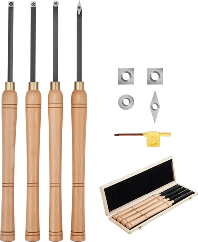 VEVOR Wood Lathe Turning Tool Set, 4PCS, Lathe Roughing Finishing and Detailing Hollow Tool with Wooden Handle, Diamond Round Square Carbide Inserts, Wooden Box, for Beginners Hobbyists Professionals