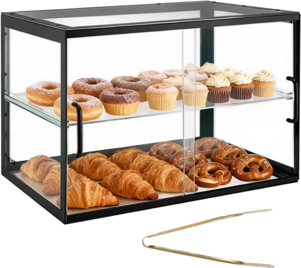 VEVOR Bakery Display Case, 2-Tier Commercial Countertop Pastry Display Case, Clear Acrylic Bread Box for Kitchen, Party Cake Cabinet with Sliding Door for Cookie Dessert Donut, 21.7" x 15.2" x 15.4"