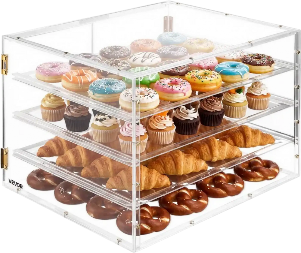 VEVOR Bakery Display Case, 4-Tier Commercial Countertop Pastry Display Case, Clear Acrylic Bread Box for Kitchen, Party Cake Cabinet with Magnetic Rear Door for Cookie Dessert Donut, 22.4"x17.3"x15.9"