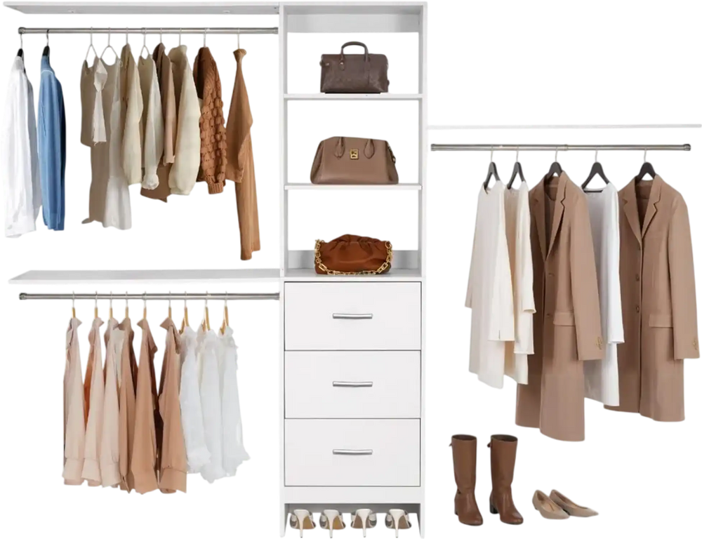 VEVOR Closet System with 3 Drawers, Adjustable Height Wooden Closet Organizers, Modern Walk-in Wardrobe Organization with 3 Retractable Clothes Hanger Rods, Freestanding Garment Rack Storage, White