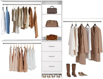 VEVOR Closet System with 3 Drawers, Adjustable Height Wooden Closet Organizers, Modern Walk-in Wardrobe Organization with 3 Retractable Clothes Hanger Rods, Freestanding Garment Rack Storage, White