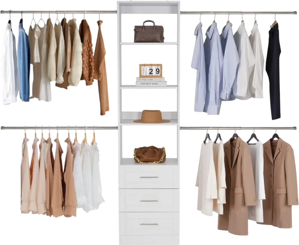 VEVOR Closet System with 3 Drawers, Adjustable Height Wooden Closet Organizers, Modern Walk-in Wardrobe Organization with 4 Retractable Clothes Hanger Rods, Freestanding Garment Rack Storage, White