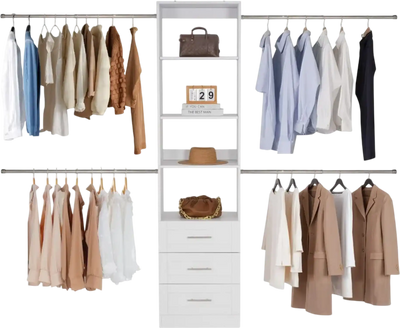 VEVOR Closet System with 3 Drawers, Adjustable Height Wooden Closet Organizers, Modern Walk-in Wardrobe Organization with 4 Retractable Clothes Hanger Rods, Freestanding Garment Rack Storage, White