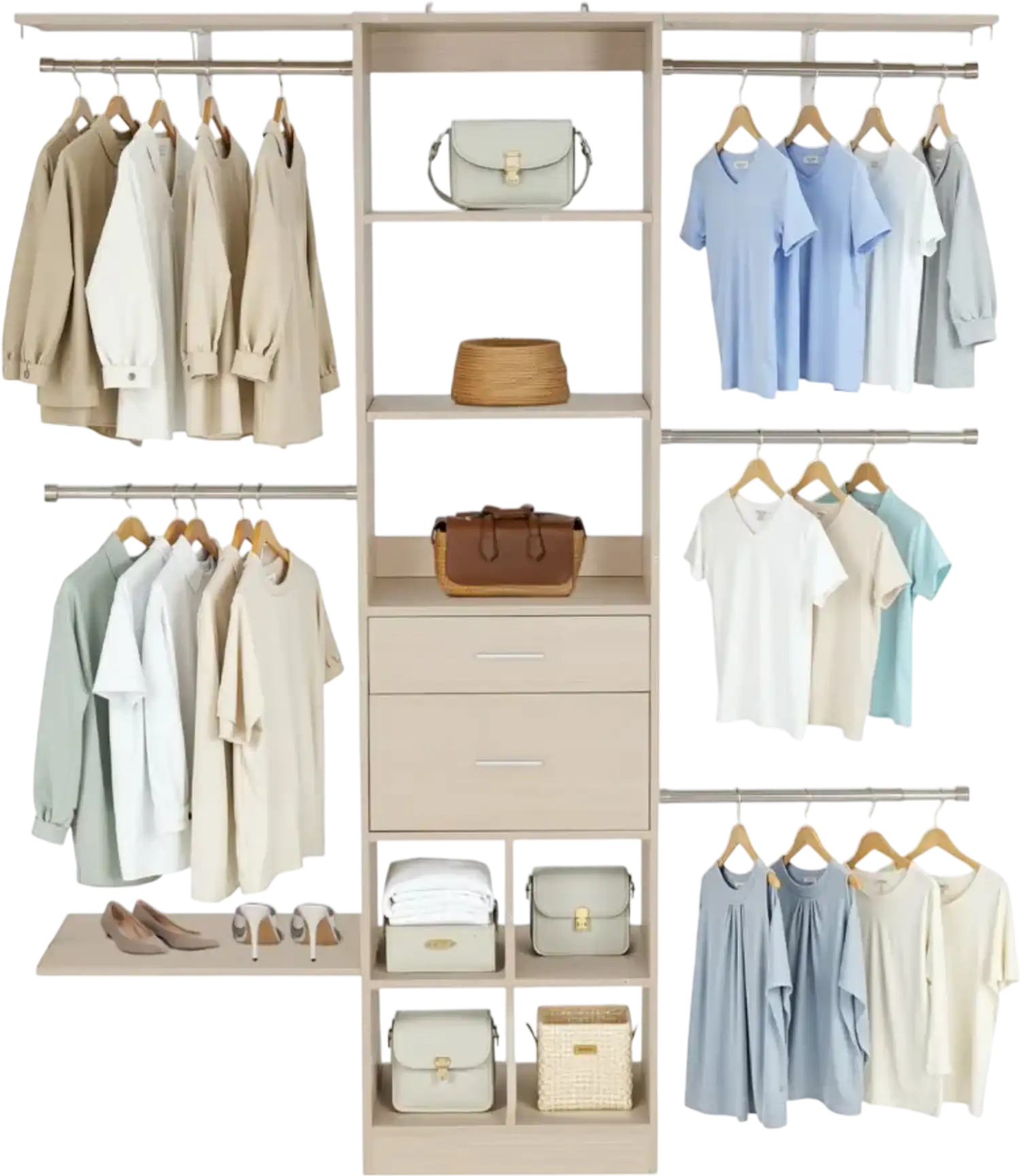 Vevor Closet System Adjustable Wooden Organizer with Drawers and 5 Hanger Rods New