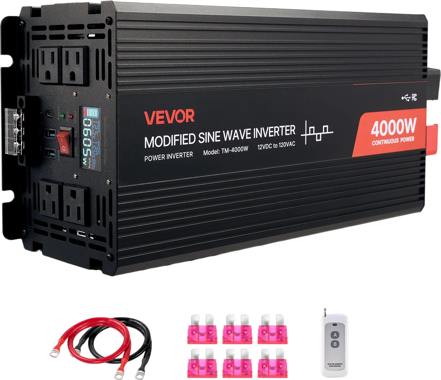 Vevor Power Inverter 4000W 12V DC to 120V AC Modified Sine Wave LCD Display Remote Control New