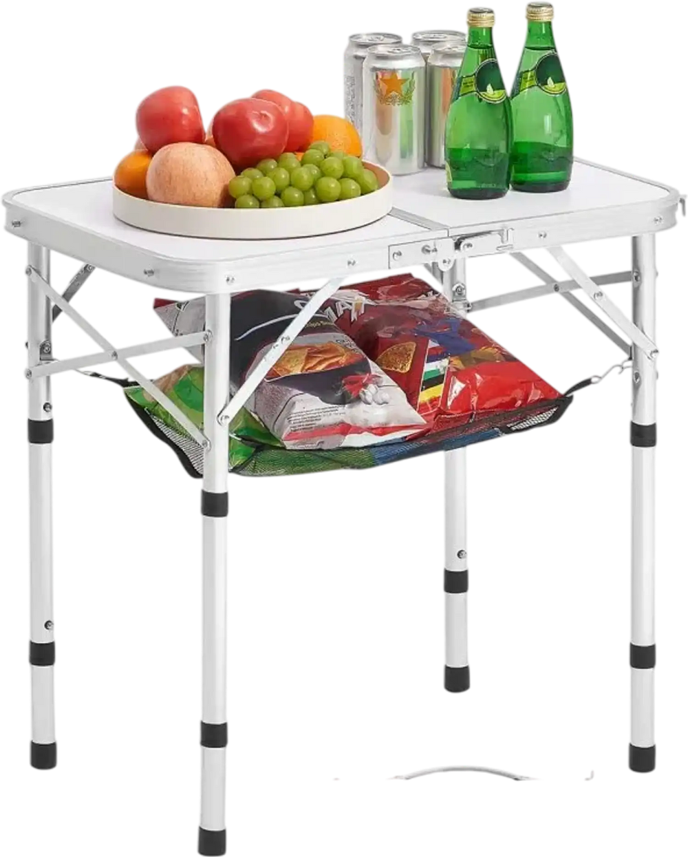 VEVOR Folding Camping Table, Adjustable Height Portable Side Tables, Aluminum MDF Beach Table with Mesh Layer, Carrying Handle, Lightweight Compact for Outdoor Picnic BBQ Cooking, 24x16in, Silver