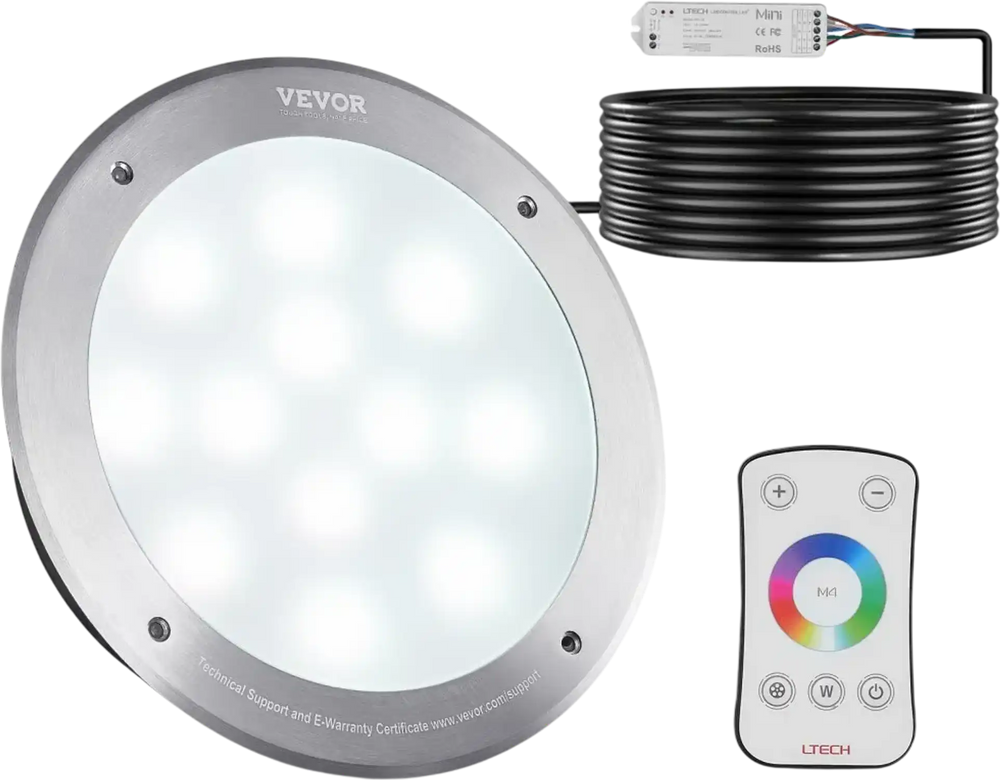 VEVOR 12V LED Pool Illumination, 10" Diameter 40W, Multi-Color RGBW, Submersible Light for Pools & Spas, Includes 50 FT Cable & Remote, Suitable for 10" Wet Niches, IP68