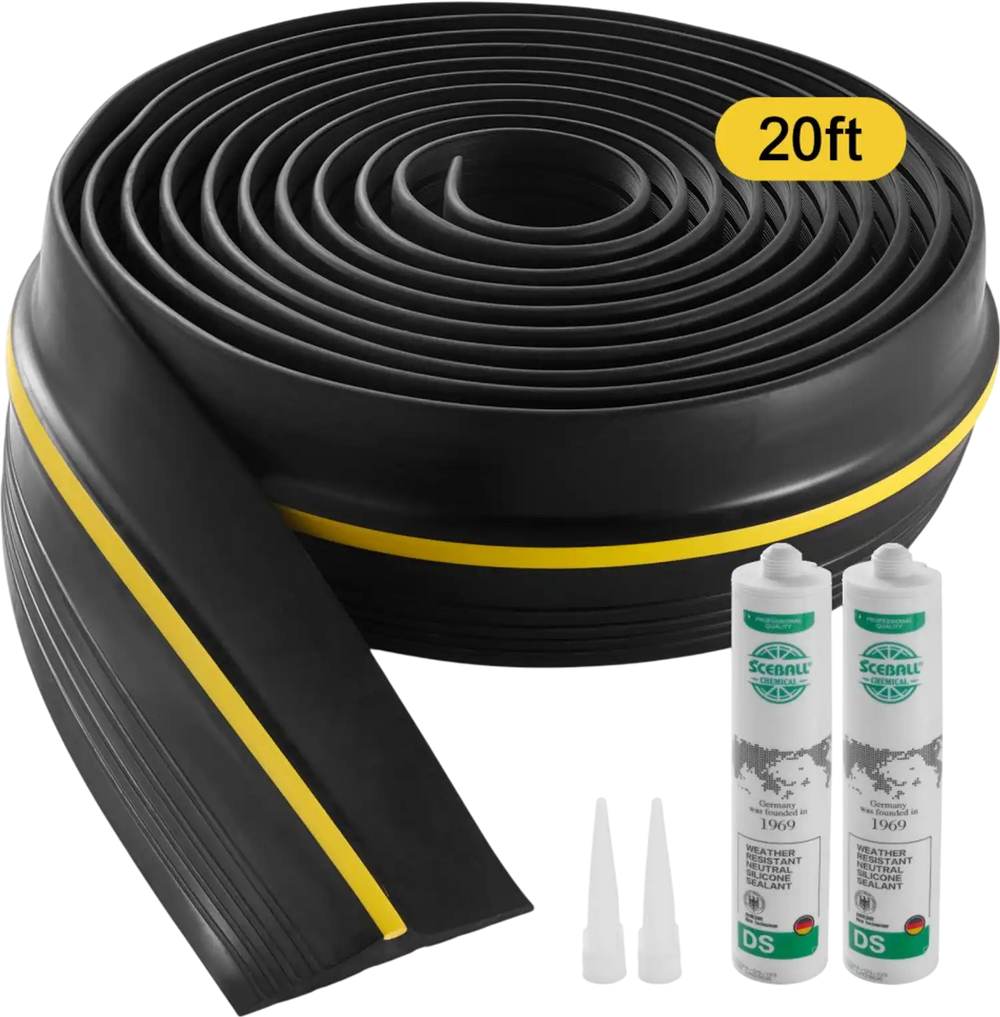 VEVOR Garage Door Threshold Seal Strip, 20 FT Universal Garage Door Floor Seal Strip with Adhesive, Garage Door Bottom Weatherproof Strip, Upgraded Thick PVC DIY Weather Stripping Replacement, Black