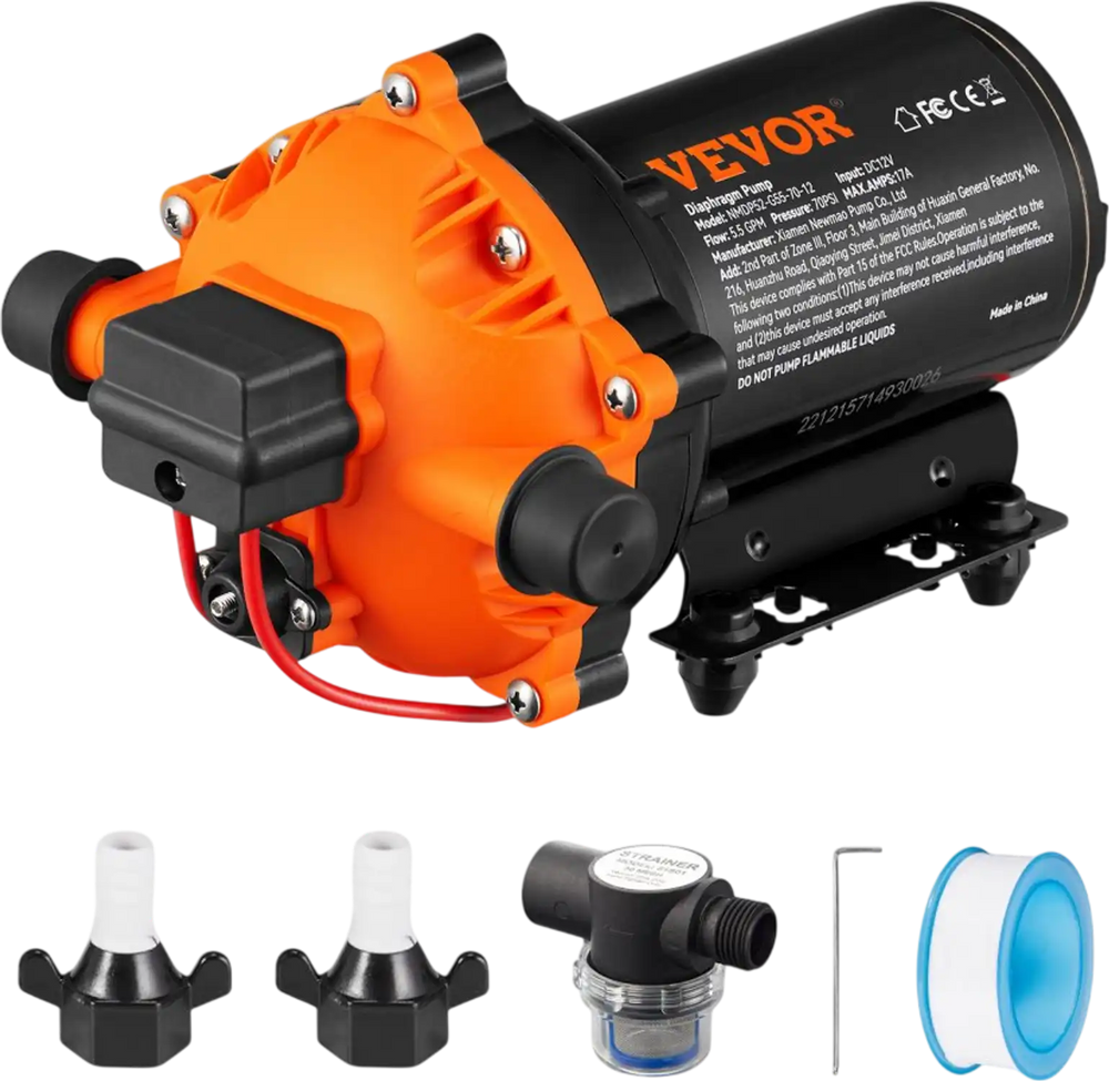 VEVOR Water Diaphragm Pump, 12V DC, 5.5 GPM Flow, 70 PSI Rated Pressure (40-100 PSI Adjustable), 1/2" MNPT Self Priming Sprayer Pump with Pressure Switch for RV Camper Marine Boat Lawn, FCC Certified