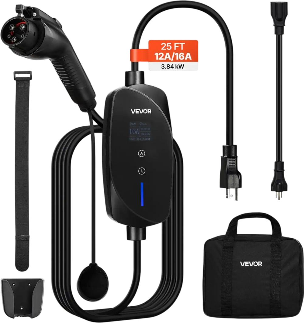 VEVOR Level 1&2 EV Charger, 16 Amp Adjustable Current, Electric Vehicle Portable Charger with 25 ft Cable, 120V-240V, NEMA 6-20P Plug NEMA 5-15 Adapter, LCD, Home Car Charging Station for SAE J1772 EV