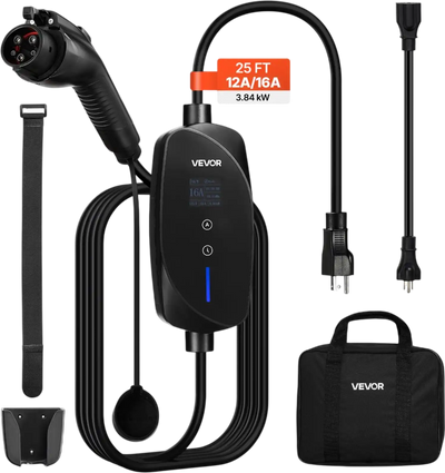 VEVOR Level 1&2 EV Charger, 16 Amp Adjustable Current, Electric Vehicle Portable Charger with 25 ft Cable, 120V-240V, NEMA 6-20P Plug NEMA 5-15 Adapter, LCD, Home Car Charging Station for SAE J1772 EV