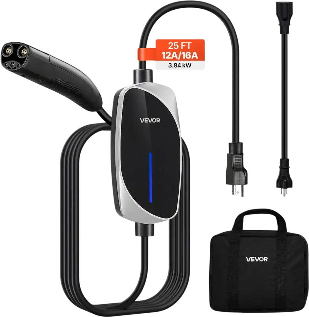 VEVOR Level 1/2 Tesla Charger, 16 Amp, Portable Electric Car EV Charger with 25 ft Charging Cable, 120V-240V, NEMA 6-20P Plug NEMA 5-15 Adapter, LED Indicator, NACS Connector for Tesla Model Y/X/3/S