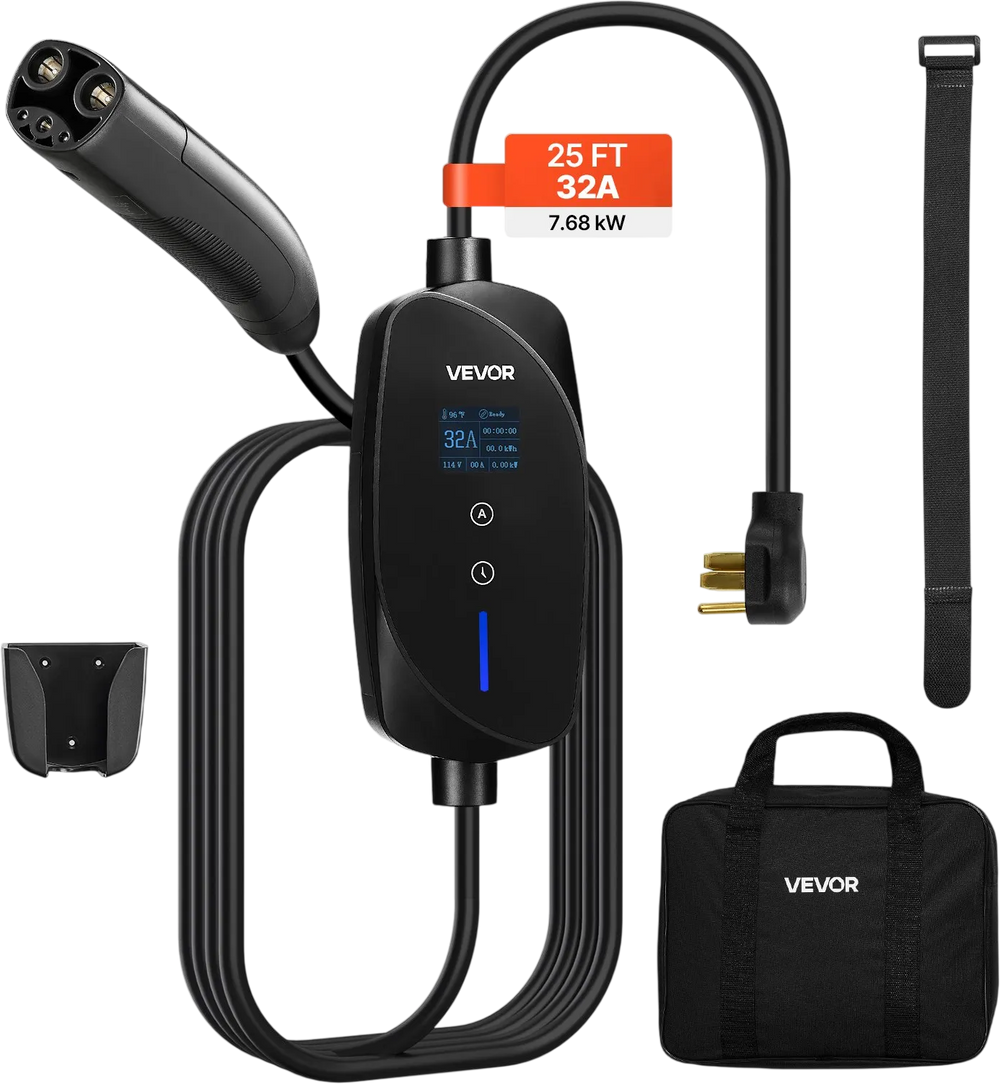 VEVOR Level 2 Tesla Charger, 32 Amp Adjustable Current, 240V Portable Home Electric Car EV Charger with 25 ft Charging Cable, NEMA 14-50P Plug, LCD Display, NACS Connector, for Tesla Model Y/X/3/S