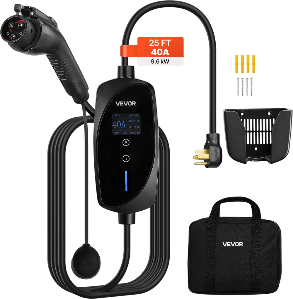 VEVOR Level 2 EV Charger, 40 Amp Adjustable Current, 240V Electric Vehicle Portable Charger with 25 ft Charging Cable, LCD Display, NEMA 14-50P Plug, Plug-in Home Car Charging Station for SAE J1772 EV