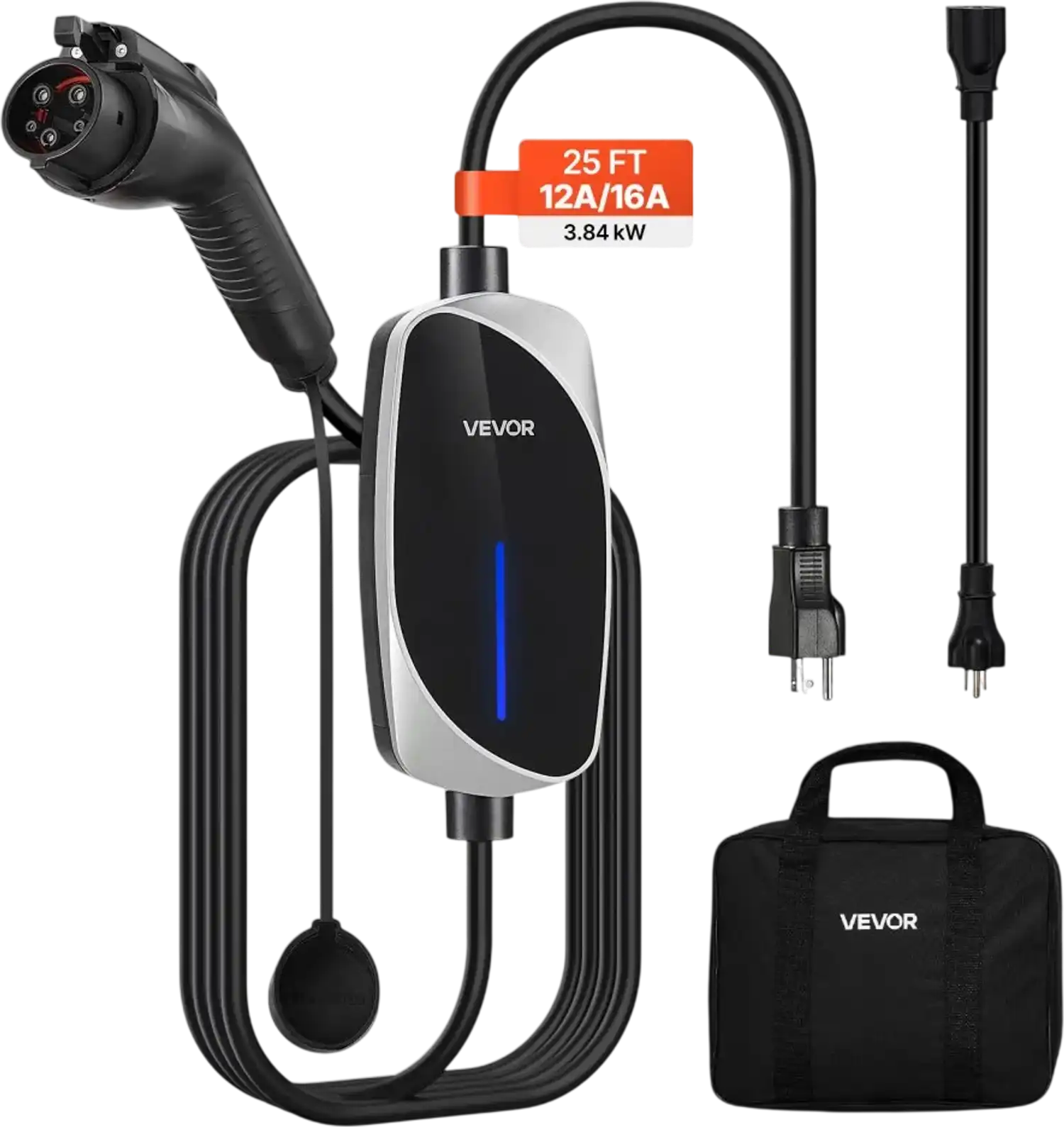 Vevor EV Charger Portable Level 1 & 2 16A 120V/240V with 25' Cable and LED Indicator New