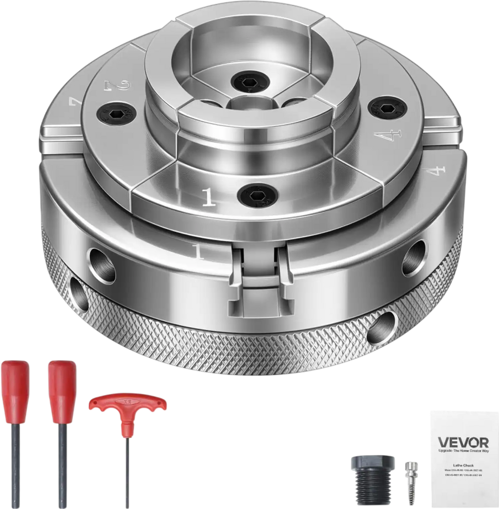 VEVOR 4 Inch Wood Lathe Chuck, 4-Jaw, Self-Centering Wood Turning Chuck Set with 1" x 8TPI Thread & Adapter, Nickel-Plated, High-Hardness Steel, Inside Clamping & Outside Support, for Woodworking