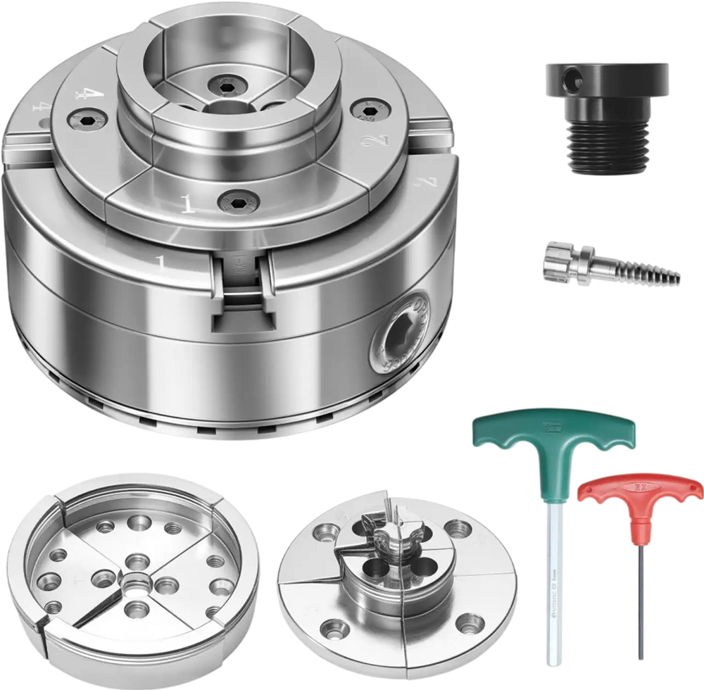 VEVOR 4 Inch Wood Lathe Chuck, 4-Jaw, Self-Centering Wood Turning Chuck Set with 1" x 8TPI Thread & Adapter, Round Jaws, Step Jaws, Thickened Nickel-Plated, High-Hardness Steel, for Woodworking Lathe