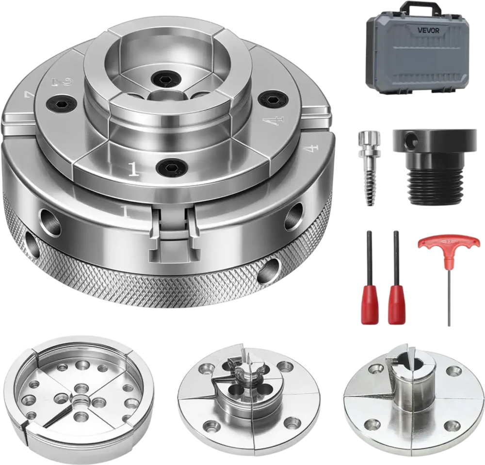 VEVOR 4 Inch Wood Lathe Chuck, 4-Jaw, Self-Centering Wood Turning Chuck Set with 1" x 8TPI Thread & Adapter, 4 PCS Round/Step/Pin Jaws, Case, Nickel-Plated, High-Hardness Steel, for Woodworking Lathe