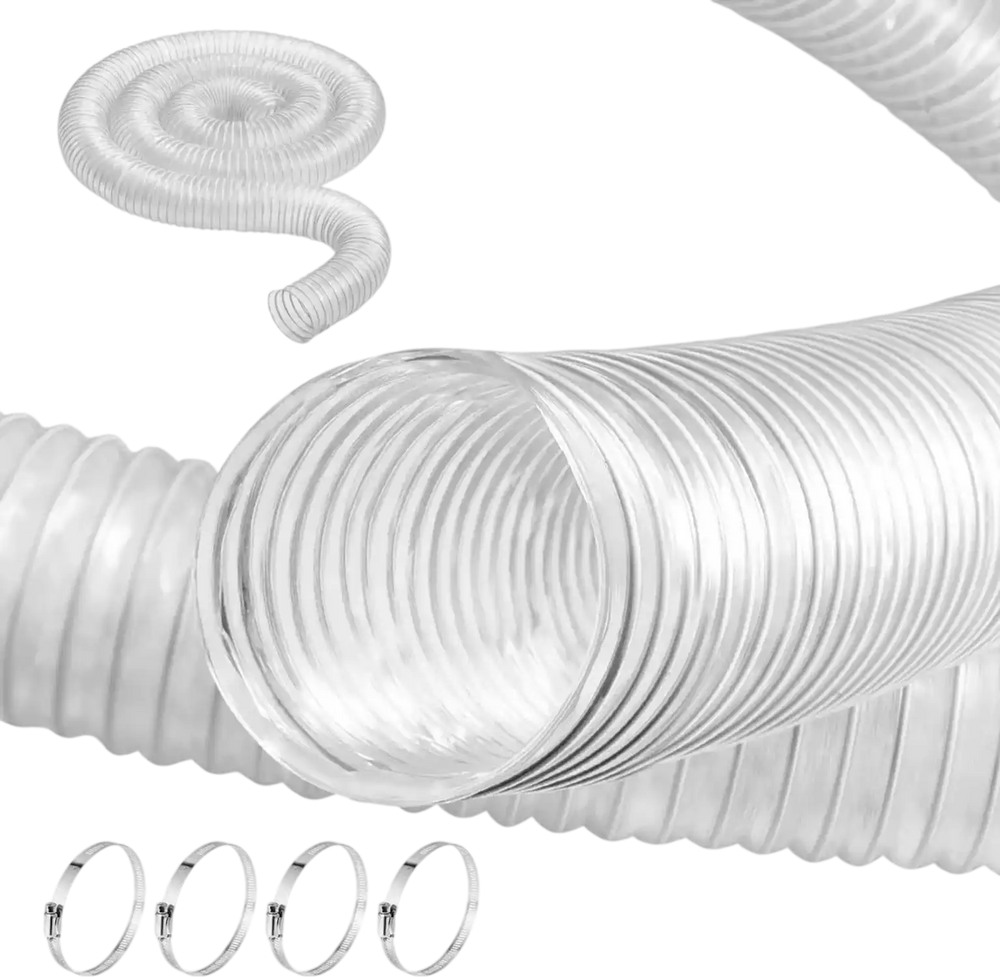 VEVOR Dust Collection Hose, 2.5'' x 10', Thickened PVC Material Puncture-Resistant Flexible Clear Hose with Carbon Steel Wire Coil 4 x 304 Stainless Clamps, for Table Saw, Band Saw, Planer, Jointer