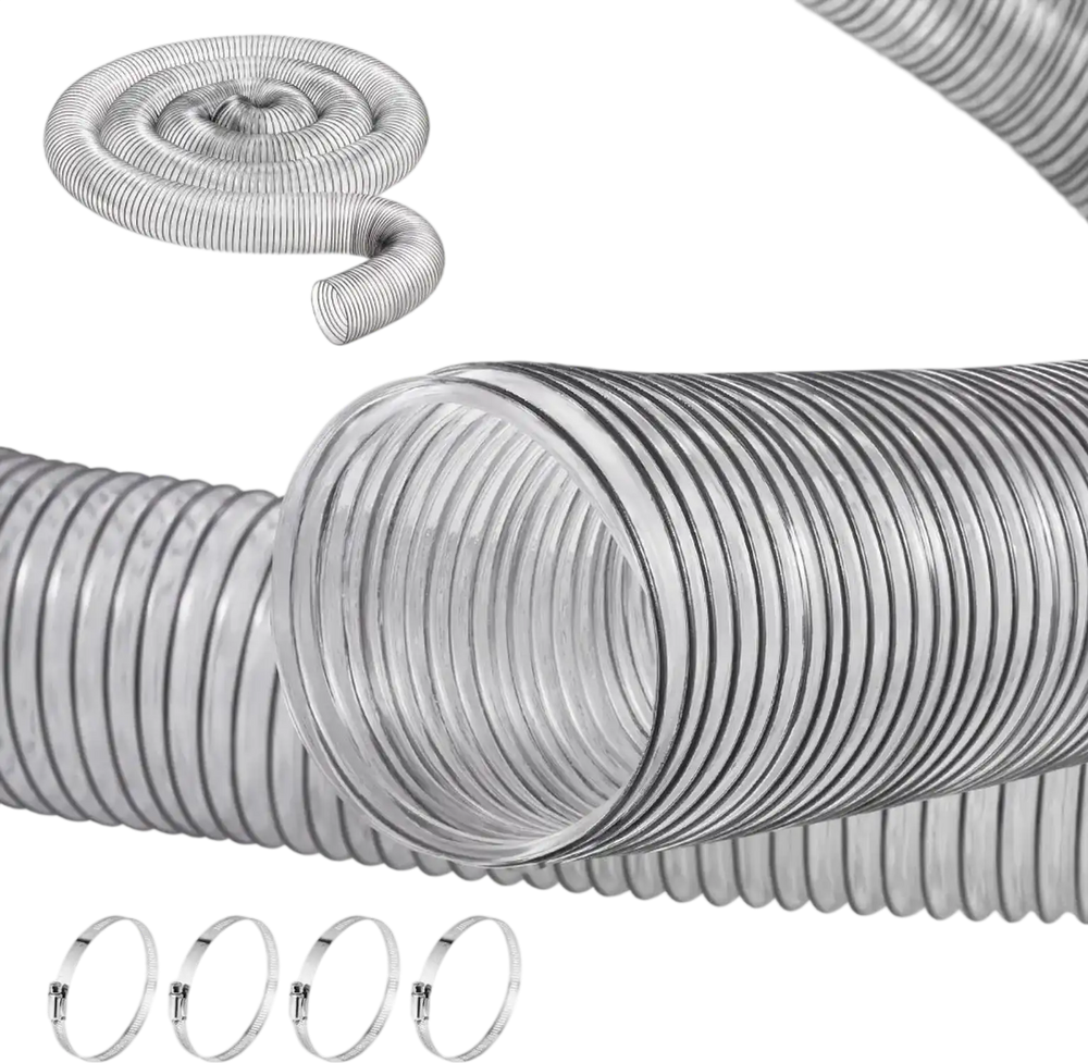 VEVOR Dust Collection Hose, 4'' x 20', Thickened PVC Material Puncture-Resistant Flexible Clear Hose with Carbon Steel Wire Coil 4 x 304 Stainless Clamps, for Table Saw, Band Saw, Planer, Jointer