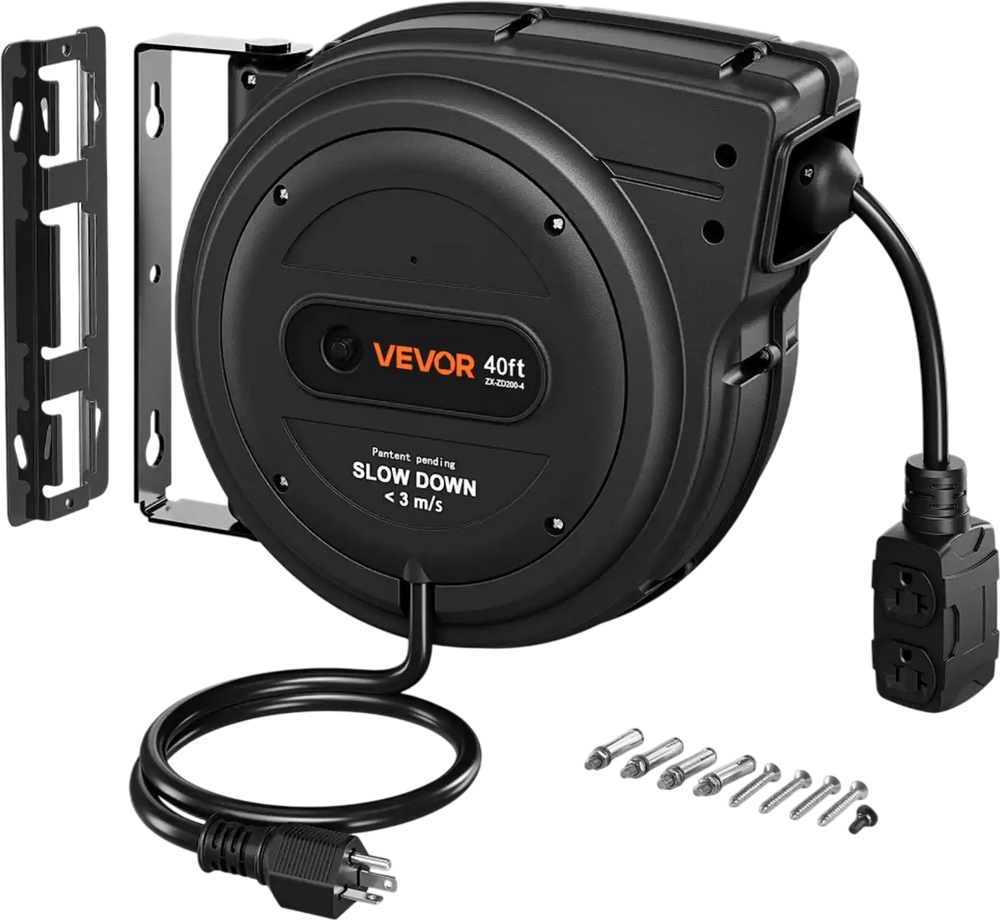 VEVOR 40FT Retractable Extension Cord Reel, Damped Slow Retraction System, 10AWG/3C Heavy Duty Power Cord 2500W, 4 Outlets, 20A Circuit Breaker, Ceiling/Wall Mount for Garage/Shop, ETL Listed, Black