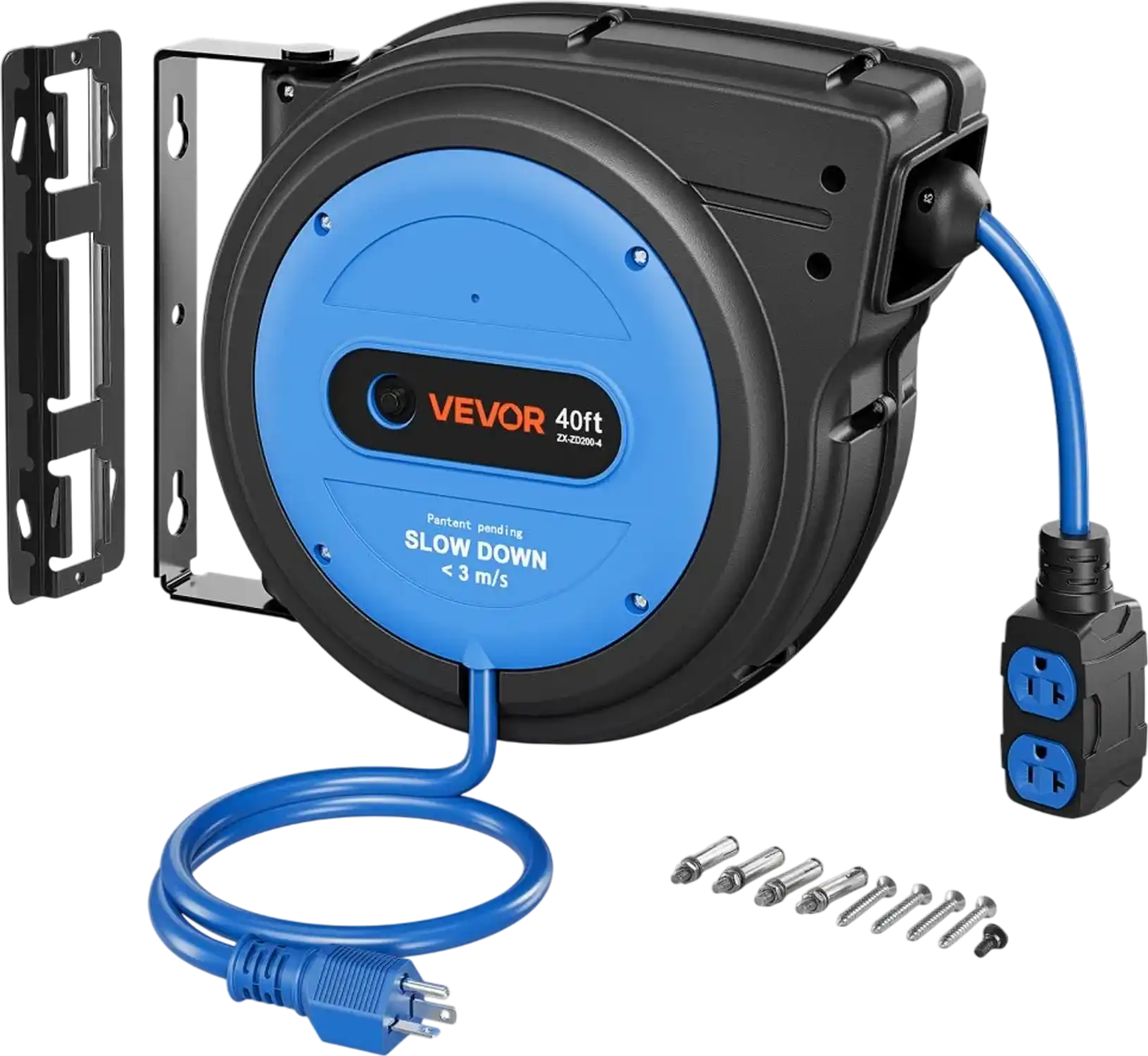 Vevor Extension Cord Reel 40' Retractable Heavy Duty 10/3 AWG 4-Outlet Blue New