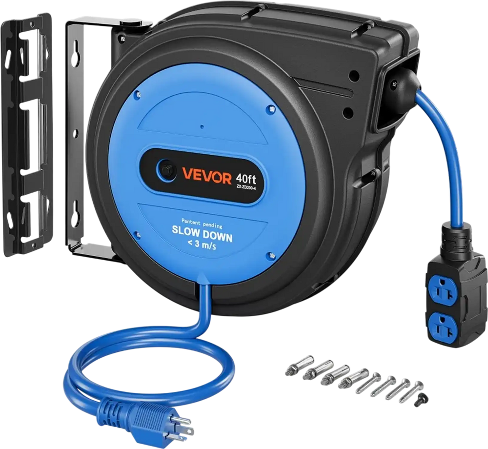 VEVOR 40FT Retractable Extension Cord Reel, Damped Slow Retraction System, 10AWG/3C Heavy Duty Power Cord 2500W, 4 Outlets, 20A Circuit Breaker, Ceiling/Wall Mount for Garage/Shop, ETL Listed, Blue