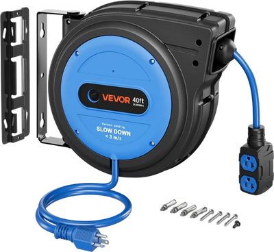 Vevor Extension Cord Reel 40' Retractable Heavy Duty 10/3 AWG 4-Outlet Blue New