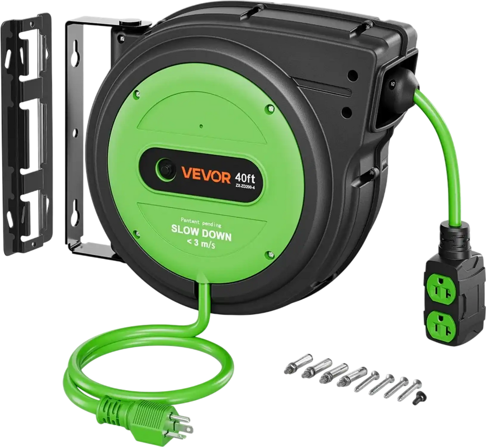VEVOR 40FT Retractable Extension Cord Reel, Damped Slow Retraction System, 10AWG/3C Heavy Duty Power Cord 2500W, 4 Outlets, 20A Circuit Breaker, Ceiling/Wall Mount for Garage/Shop, ETL Listed, Green