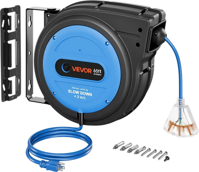 Vevor Retractable Extension Cord Reel 65' 12/3 AWG Ceiling/Wall Mount Blue New