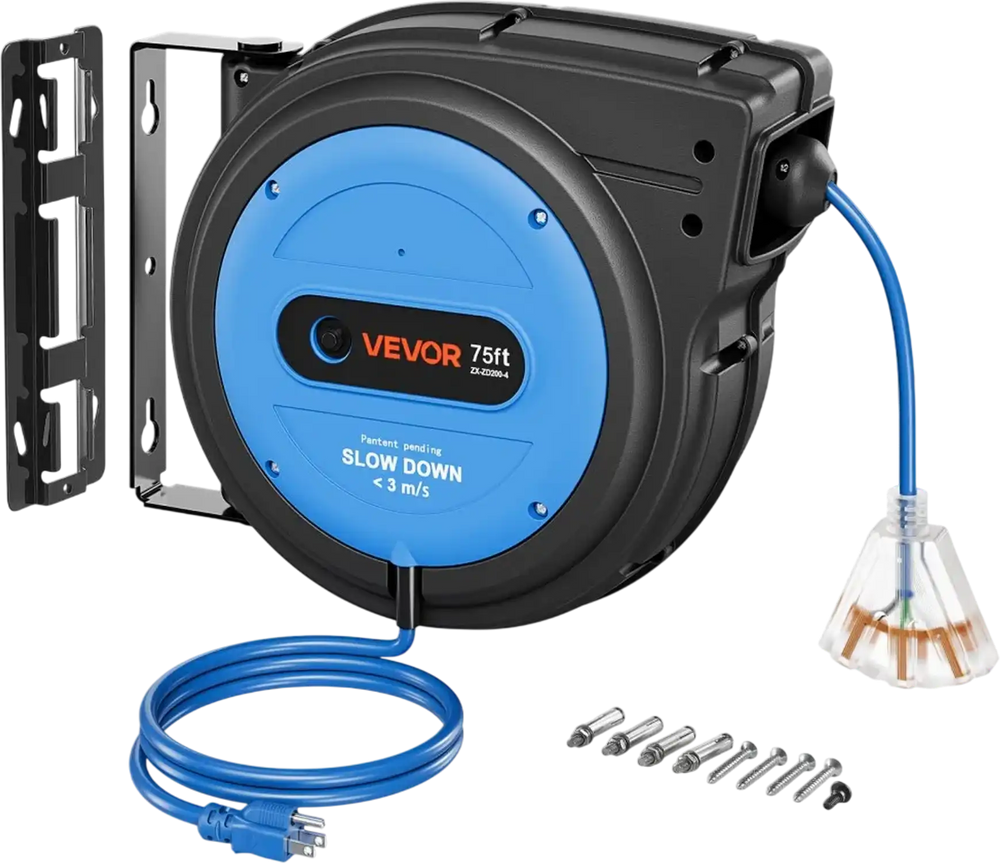 VEVOR 75FT Retractable Extension Cord Reel, Damped Slow Retraction System, 14AWG/3C Heavy Duty Power Cord, Lighted Triple Tap, 13A Circuit Breaker, Ceiling/Wall Mount for Garage/Shop, ETL Listed, Blue