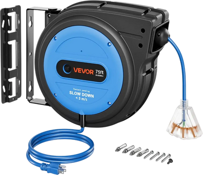 Vevor Retractable Extension Cord Reel 75' 14/3 AWG Heavy Duty Wall/Ceiling Mount Blue New