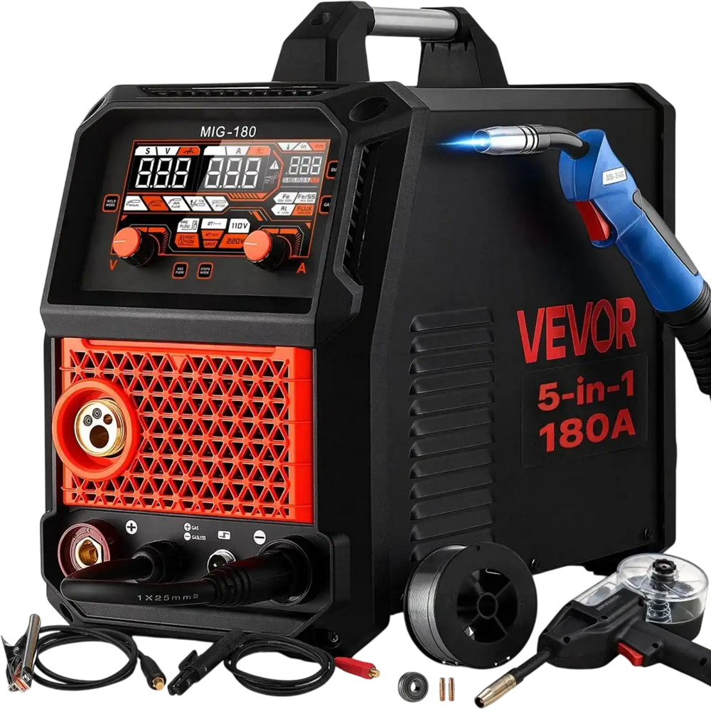 VEVOR 180Amps MIG Welder 5-in-1 AL MIG/Gas MIG/Flux Core MIG/Stick/Lift TIG, Multi-Function 110V/220V Aluminum Mig Welder with Synergic Control, 2T/4T/Spot Mode, Digital Display - Spool Gun Included