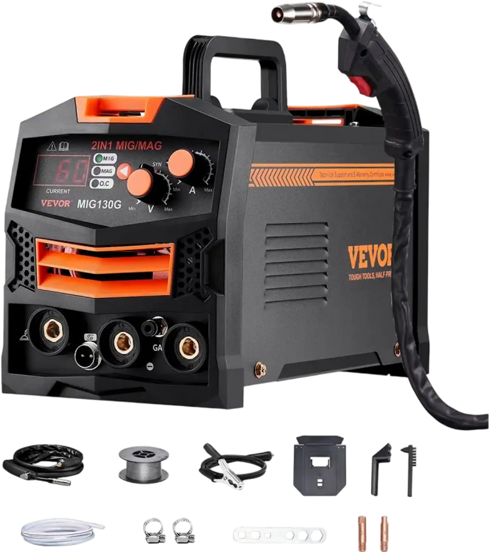 VEVOR MIG Welder, 130A Synergic Mig Welding Machine, 2-in-1 Gas MIG/Gasless Flux Core MIG Multi-Process Welder Machine, 110V Portable Mig Welder with IGBT Inverter Technology & Digital Display Screen