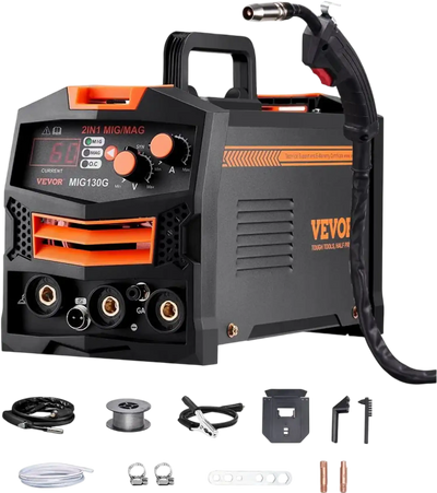 VEVOR MIG Welder, 130A Synergic Mig Welding Machine, 2-in-1 Gas MIG/Gasless Flux Core MIG Multi-Process Welder Machine, 110V Portable Mig Welder with IGBT Inverter Technology & Digital Display Screen