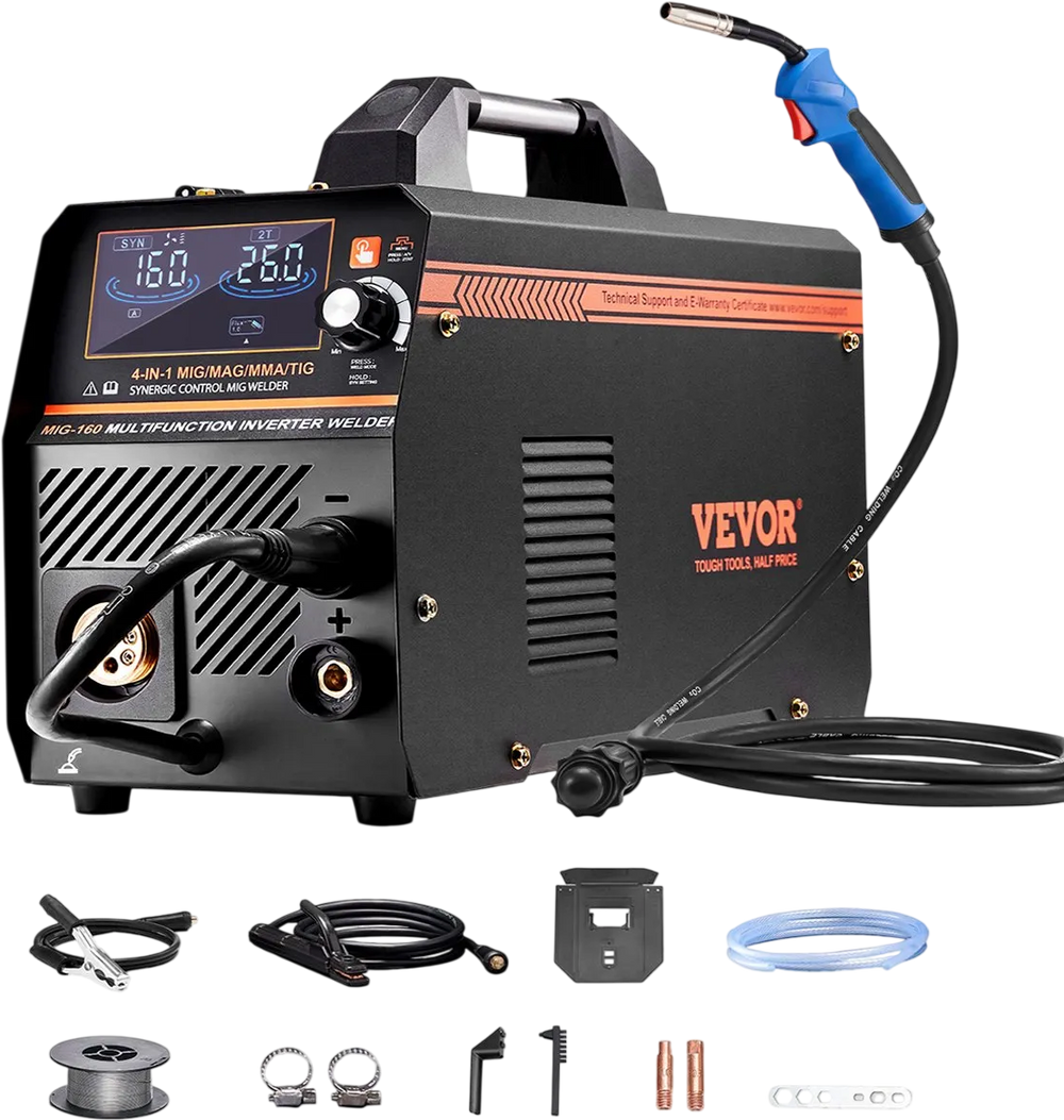 VEVOR MIG Welder, 160A Synergic Mig Welding Machine, 4-in-1 Gas MIG/Flux Core MIG/Stick/Lift TIG Multi-Process Welder Machine, 110V/220V Dual Voltage Mig Welder with IGBT Inverter & LCD Screen Display