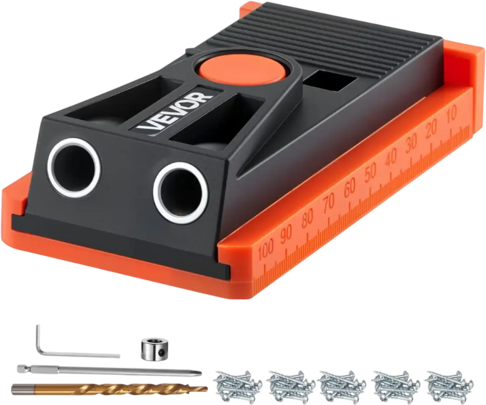 VEVOR Pocket Hole Jig Kit, 1/2 to 1-1/2 in Adjustable, Mini Jig Pocket Hole System with Step Drill, Hex Wrench, Drill Stop Ring, Square Drive Bit, and Screws, Reinforced Nylon Frame, for Woodworking