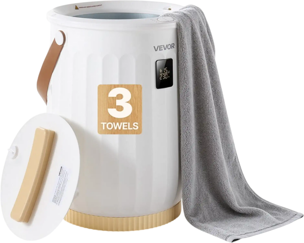 VEVOR Towel Warmers for Bathroom 20L Heated Towel Bucket with LED Display, Rapid Heating, 4 Adjustable Timer, Wood Handle, Auto Shut Off, Fits Oversized Towels, Blankets, Bathrobes, for Women, White