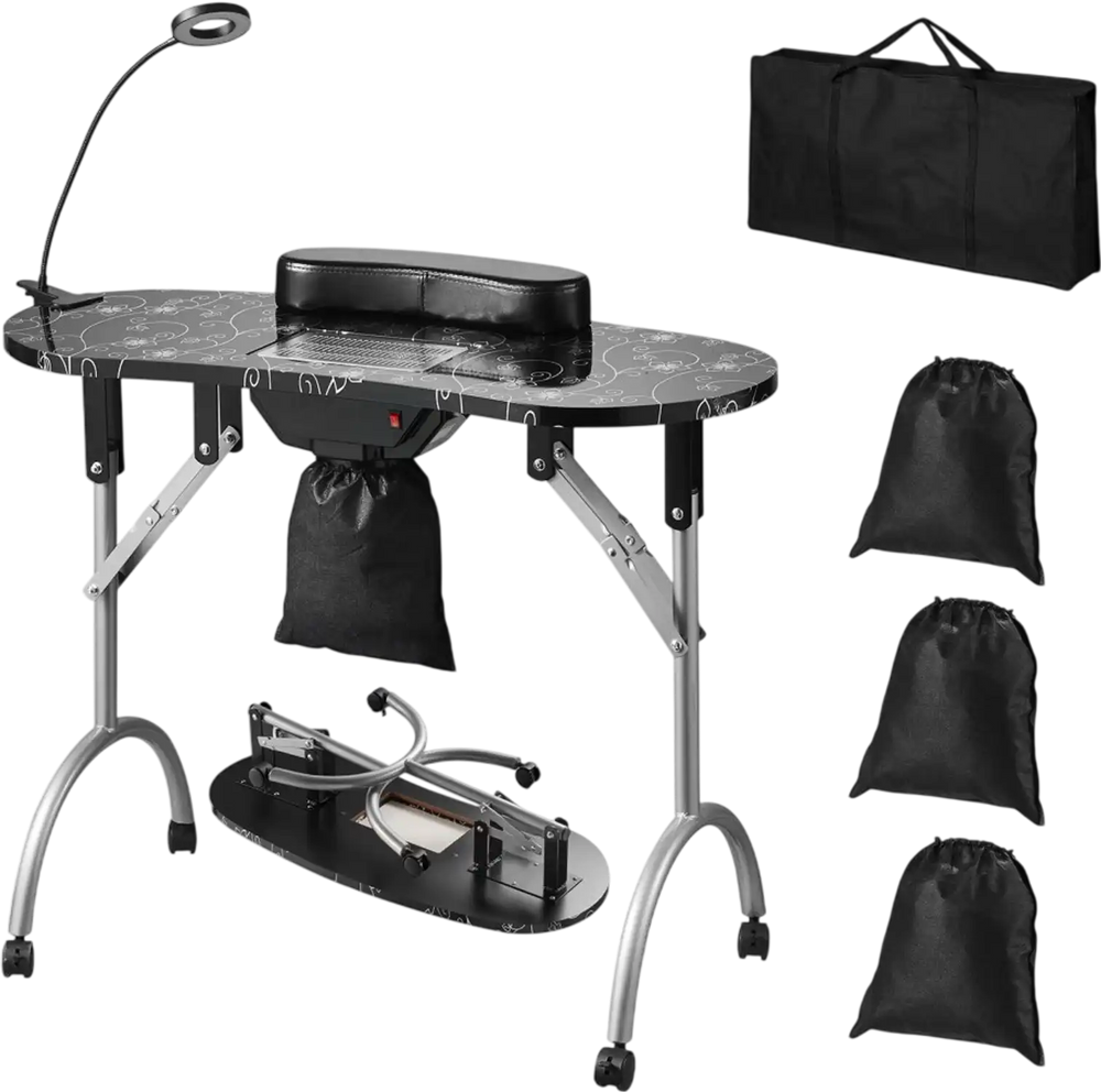 VEVOR Portable Manicure Table, Foldable Nail Table with Electric Dust Collector, Moveable Nail Tech Desk & 4 Wheels, 3 Dust Bags, Bendable LED Lamp, MDF Nail Art Workstation for Home Spa Beauty Salon