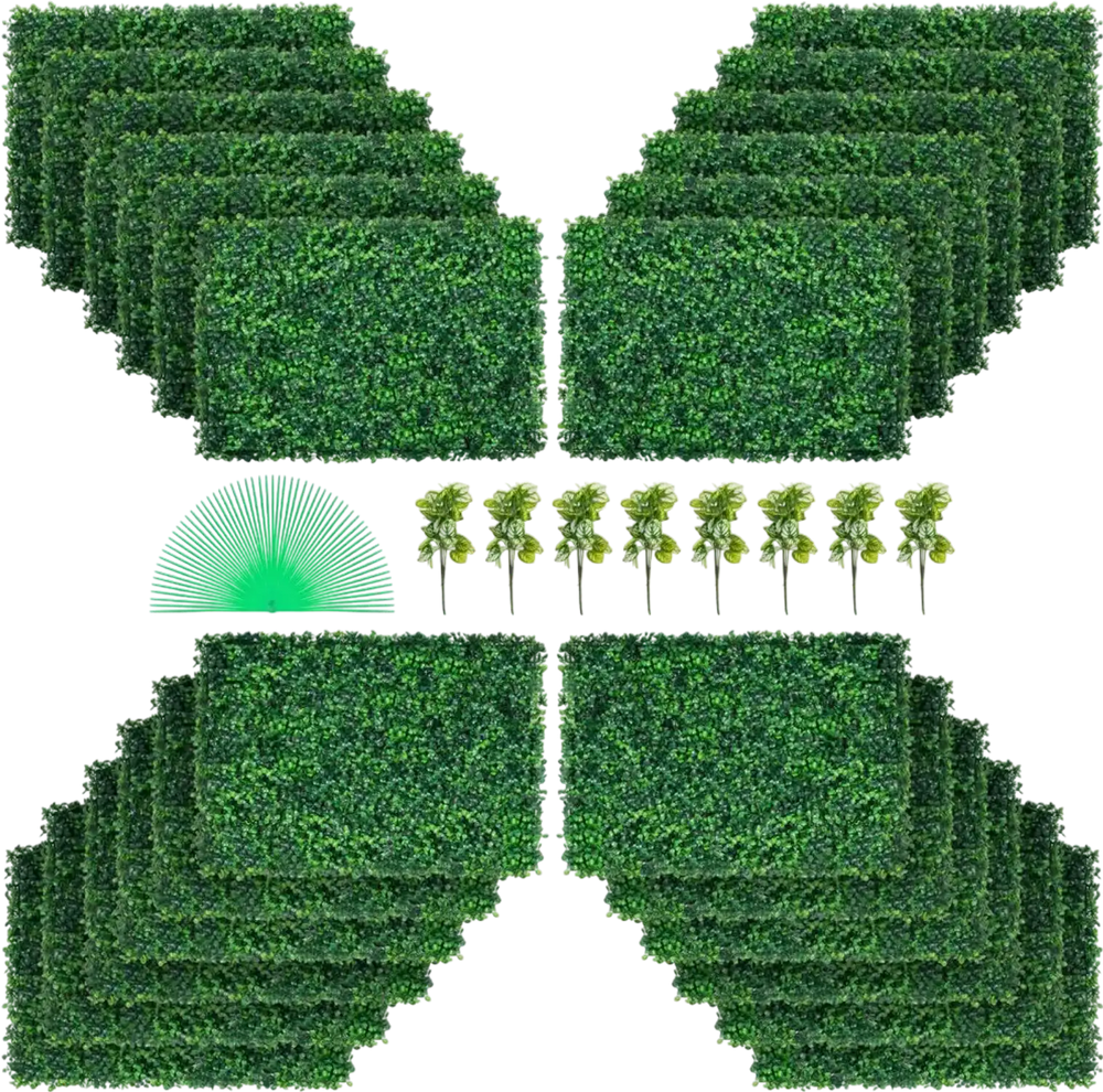 VEVOR Artificial Boxwood Panel UV 24pcs Boxwood Hedge Wall Panels Artificial Grass Backdrop Wall 24\" X 16\" 4 cm Green Grass Wall, Fake Hedge for Decor Privacy Fence Indoor, Outdoor Garden Backyard