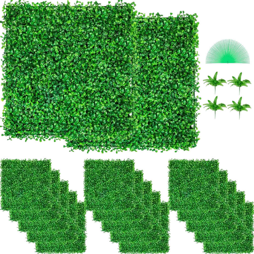 VEVOR Artificial Boxwood Panel UV 48pcs Boxwood Hedge Wall Panels Artificial Grass Backdrop Wall 10X10\" 4cm Green Grass Wall Fake Hedge for Decor Privacy Fence Indoor Outdoor Garden Backyard