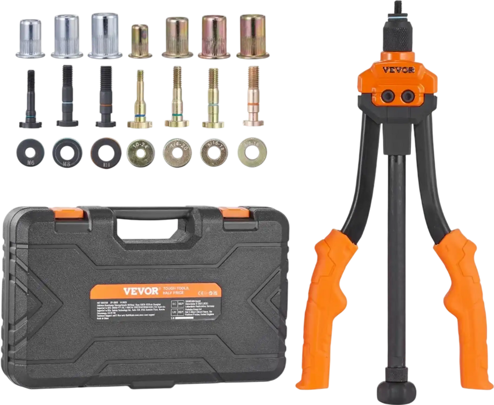 VEVOR Rivet Nut Tool, 14 in Rivnut Tool Kit with 7 PCS Metric and SAE Mandrels, 70 PCS Assorted Rivet Nuts, 10-24, 1/4-20, M6, 5/16-18, M8, 3/8-16, M10, With Rugged Carrying Case, for DIY, Repairs