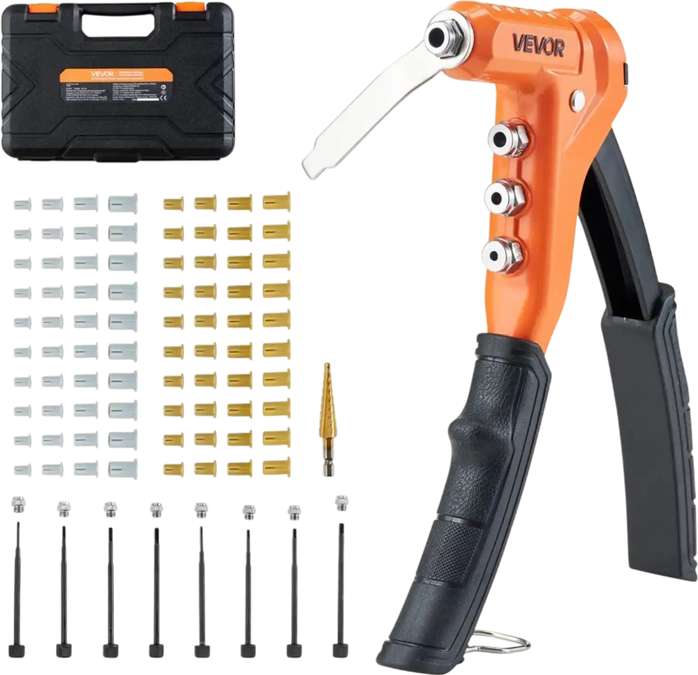 VEVOR Rivet Nut Tool Kit, 9-Inch One-Handed Rivnut Tool Kit, with 8 Mandrels, a Step Drill Bit and 80 Nuts, Metric and SAE Size M3, M4, M5, M6, 6-32, 8-32, 10-24, 1/4-20 UNC, with a Carrying Case