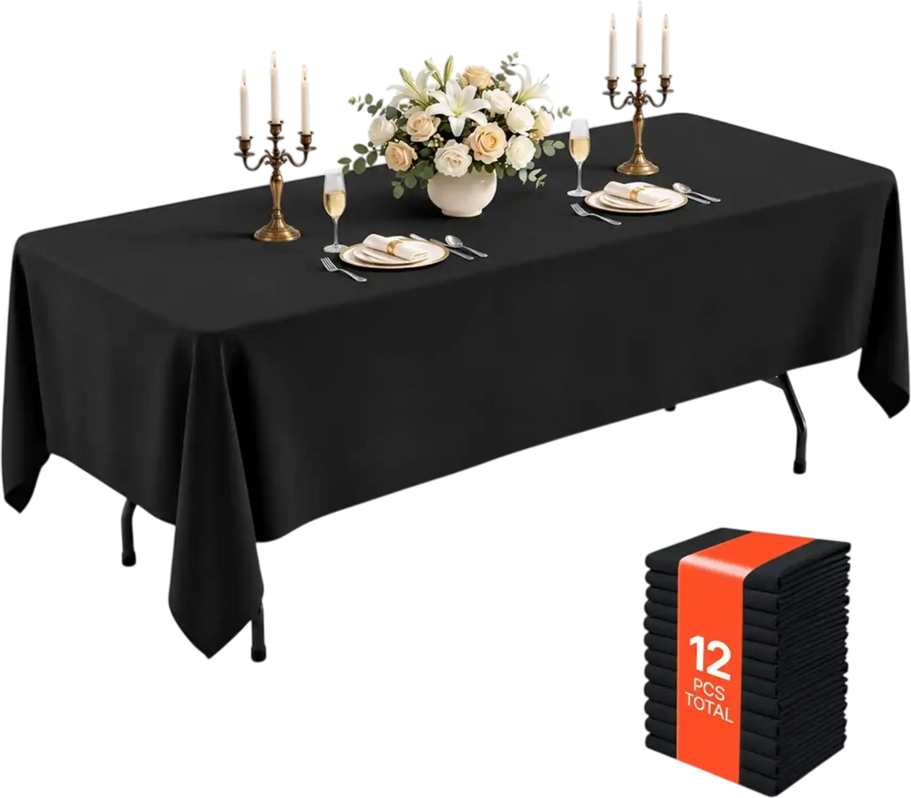 VEVOR Rectangular Tablecloths, 60 x 102 in 12 Pack, Black Polyester Covers, for Party Wedding Banquet Festival, Washable, Reusable Table Cloth with Brushed Fabric, Neat Hems, Smooth Drape