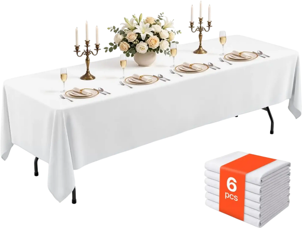 VEVOR Rectangular Tablecloths, 90 x 132 in 6 Pack, White Polyester Covers, for Party Wedding Banquet Festival, Washable, Reusable Table Cloth with Brushed Fabric, Neat Hems, Smooth Drape