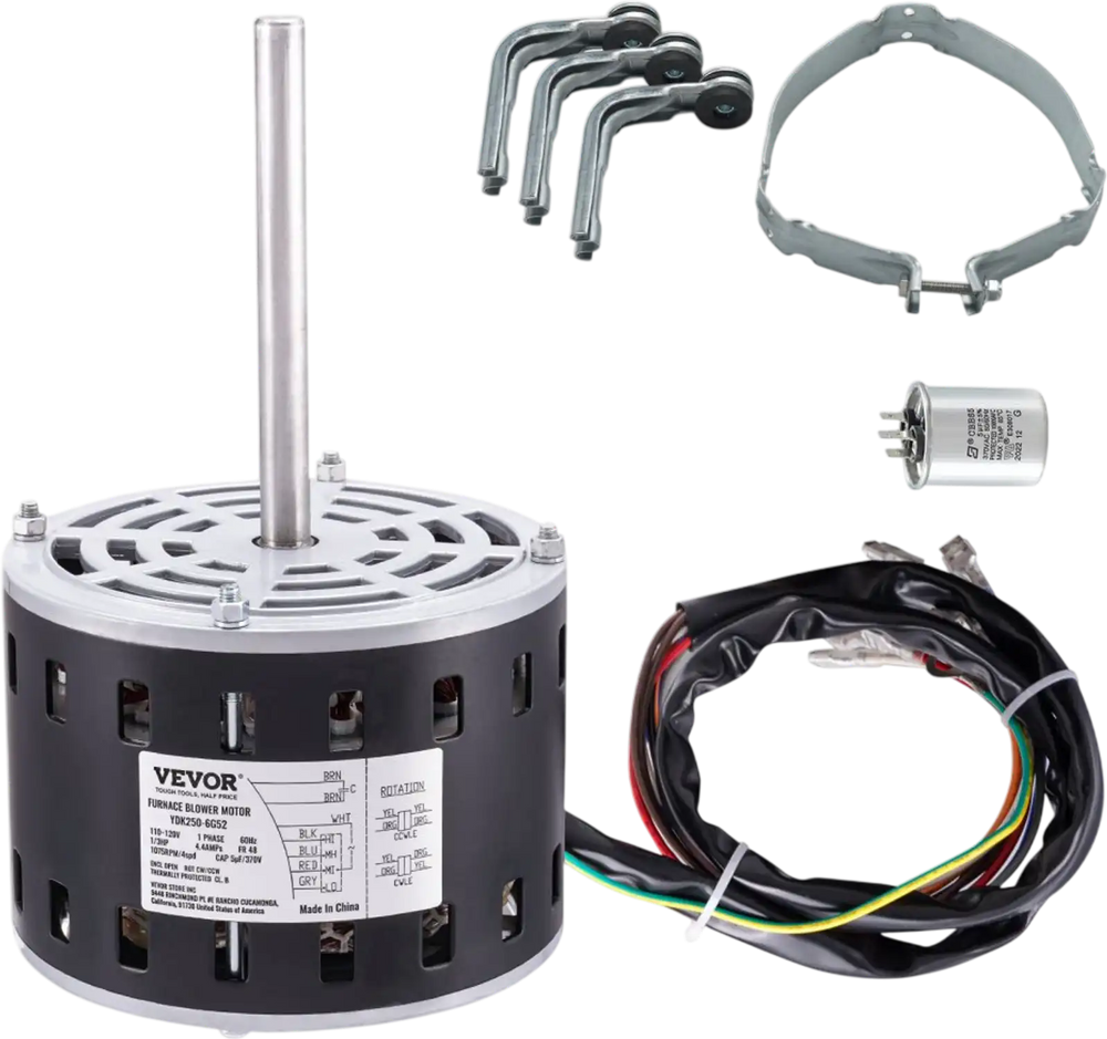 VEVOR 1/3HP Furnace Blower Motor, 110/120V 4.4Amps, 1075RPM 4 Speeds, CW/CCW Rotation, 48 Frame 5.2" Shaft Length, 5μF/370V Capacitor + 11" Hold Hoop