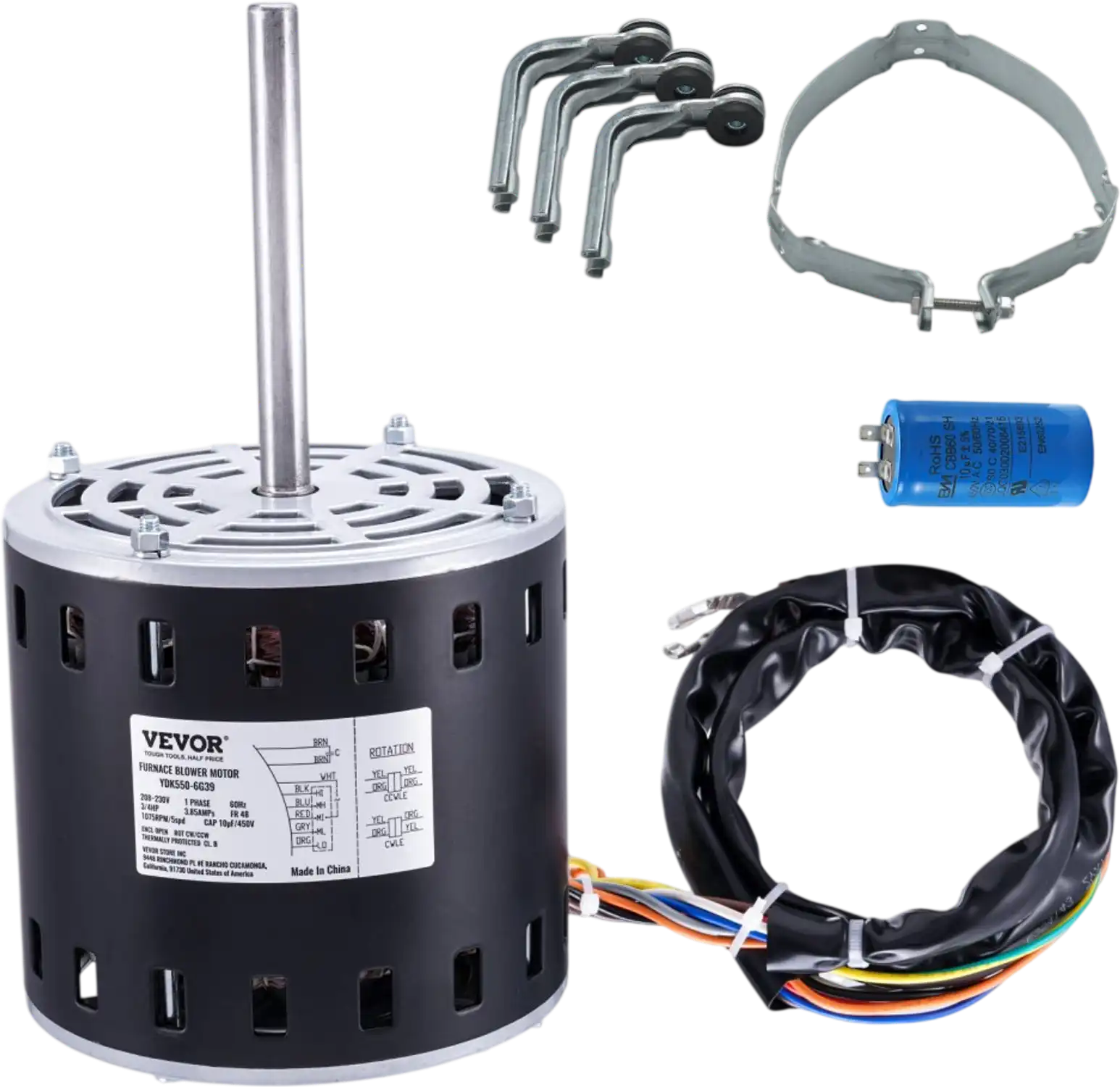 Vevor Furnace Blower Motor 3/4HP 208-230V 1075RPM 5-Speed CW/CCW 48 Frame with Capacitor and Hold Hoop New